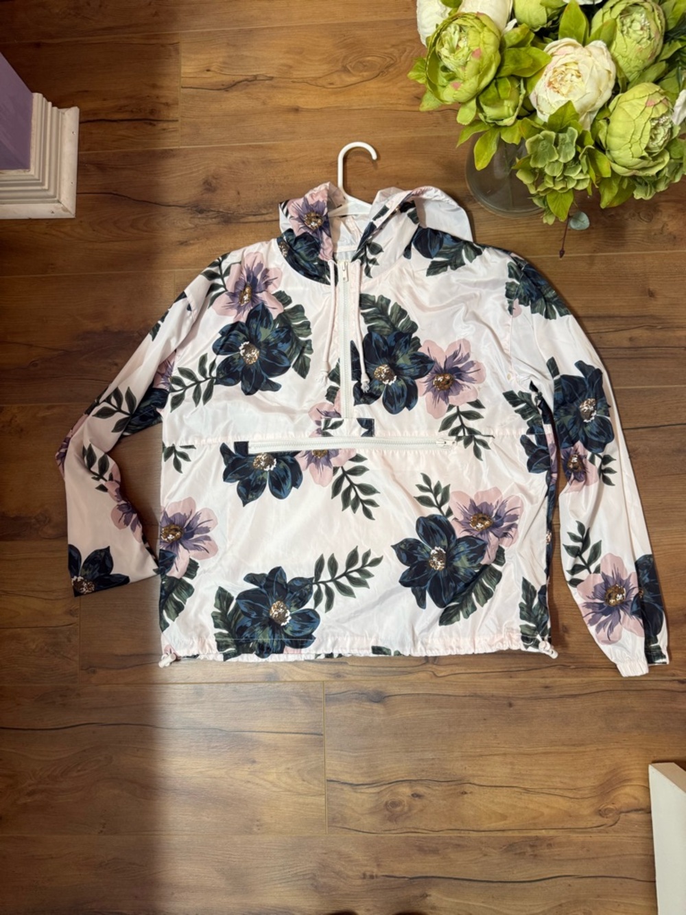 Floral Pink and Green Drawstring Rain Jacket